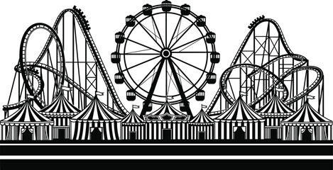 Amusement park silhouette with roller coaster, Ferris wheel, and carnival circus tents, for summer festival, fairground background, and family entertainment events © Sreemoti