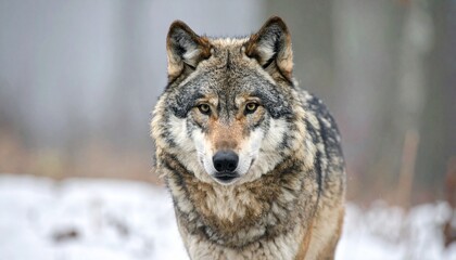 Obraz premium A detailed portrait of a wolf, highlighting its thick fur and sharp eyes, with soft lighting and a muted background.