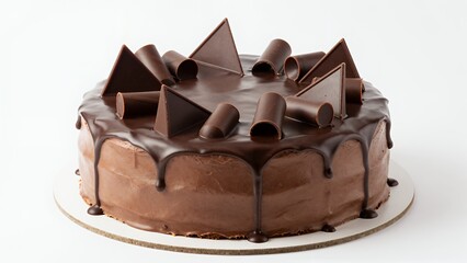 Round Chocolate Cake with Ganache Drip and Chocolate Decorations on White Background