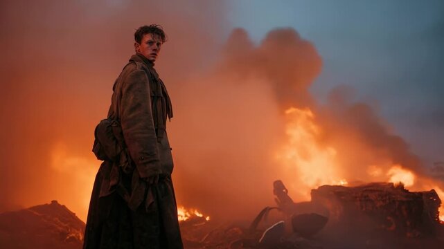 Lone figure standing near burning battlefield landscape observing destruction and aftermath of violent military conflict