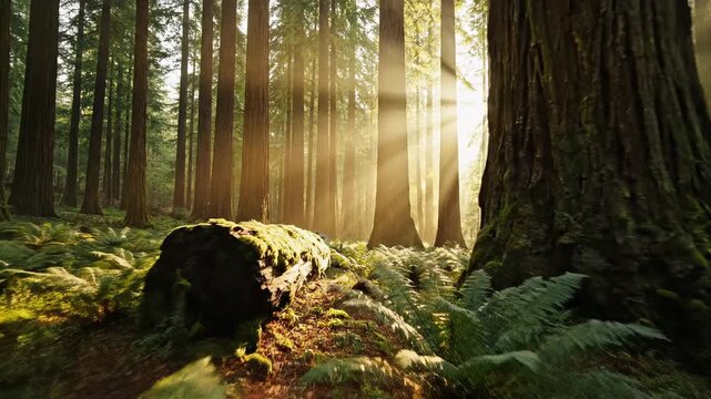 Golden Sunbeams Pierce Lush Green Forest Canopy Illuminating Ferns and Mossy Tree Trunks