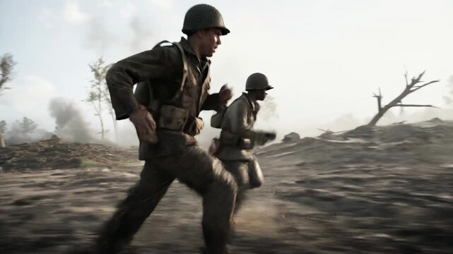 Two infantry soldiers sprinting across battlefield terrain as explosions erupt behind them illustrating urgency teamwork and survival instinct