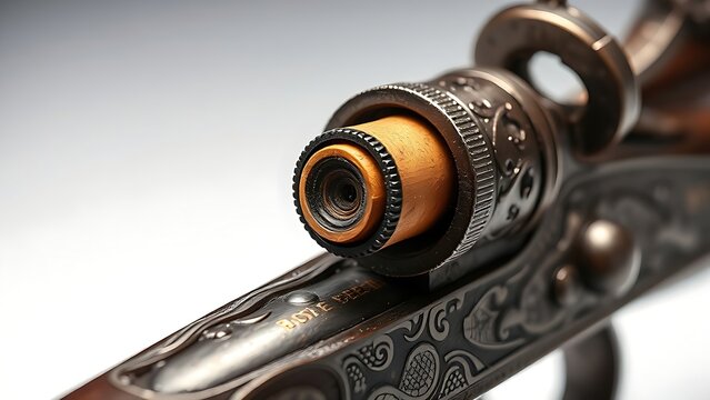 flintlock. Close-up detail of ornate flintlock pistol focusing on flint against frizzen. product launch decks, UI/UX mockups, designed for data visualization dashboards and holographic UIs.