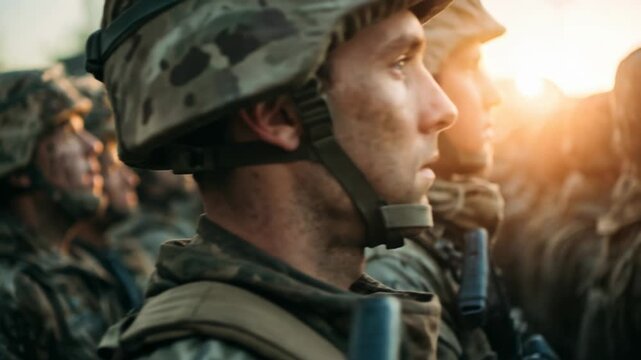 Rows of determined soldiers standing shoulder to shoulder awaiting orders illustrating unity discipline and anticipation before combat