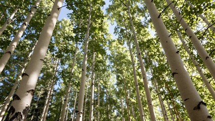 Fototapeta premium Tall Aspen Trees in a Dense Forest with Sunlight Filtering Through the Leaves