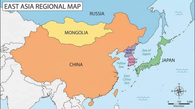 Regional map of East Asia showing China, Mongolia, Russia, North Korea, South Korea, and Japan.