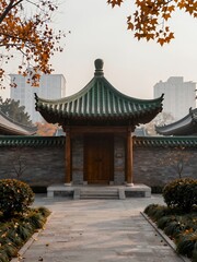 Fototapeta premium Traditional Chinese Pavilion with Wooden Door and Tiled Roof Surrounded by Autumn Trees in an Urban Setting