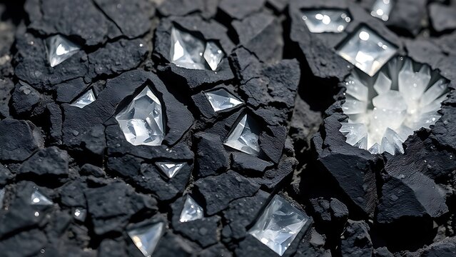 pegmatite. Close-up of dark pegmatite rock with embedded sparkling minerals. STEM education sheets, lab safety posters, designed for biotech research communications, supports STEM education.