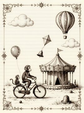 Vintage Whimsical Illustration of Monkeys Cycling with Circus Tent and Flying Elements in Sepia Tones