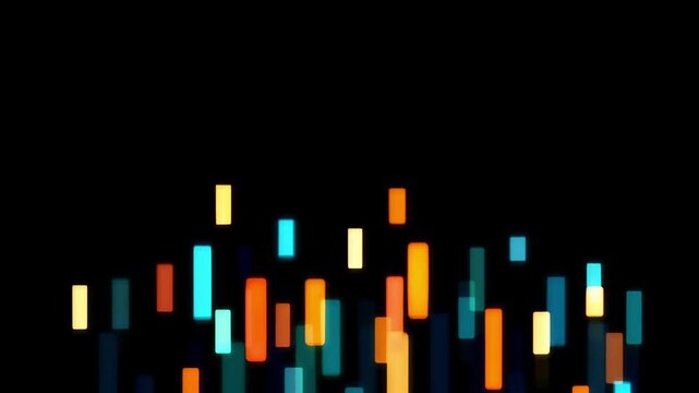 Seamless loop animation of colorful glowing vertical bars on dark background resembling audio equalizer
