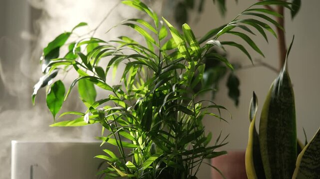 Modern humidifier generating vapor to increase air moisture for houseplants, enhancing the indoor environment for a vibrant parlor palm and snake plant thriving in ideal humidity