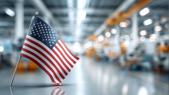 American Flag Standing Inside a Modern Manufacturing Factory Representing the Made in Usa Concept National Pride and Economic Industrial Growth