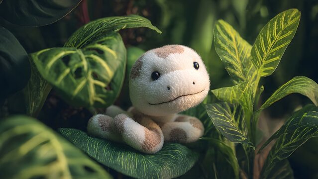 Bothrops insularis snake (white color) doll style, adorable stuffed snake peeking out from tropical green leaves, soft plush fabric body
