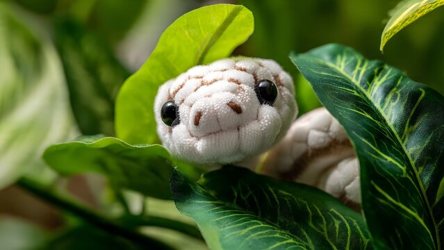 Bothrops insularis snake (white color) doll style, adorable stuffed snake peeking out from tropical green leaves, soft plush fabric body