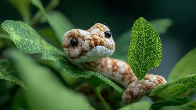 Bothrops insularis snake (white color) doll style, adorable stuffed snake peeking out from tropical green leaves, soft plush fabric body