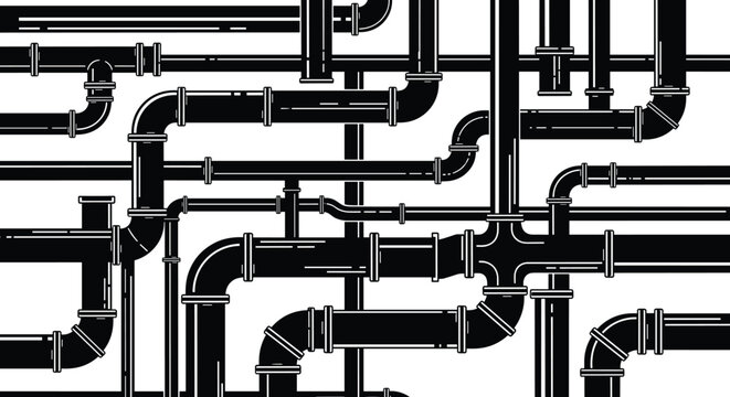 Industrial Pipe Network Vector Background Featuring Complex Plumbing System Water Gas Infrastructure Silhouette For Engineering Construction Technical Illustration And Industry Design