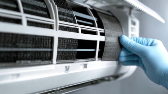 Air Conditioning Maintenance: A gloved hand delicately removes a dirty air filter from an air conditioning unit, highlighting the importance of indoor climate control maintenance and air quality.