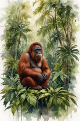 Obraz premium Orangutan sitting amidst lush tropical foliage
