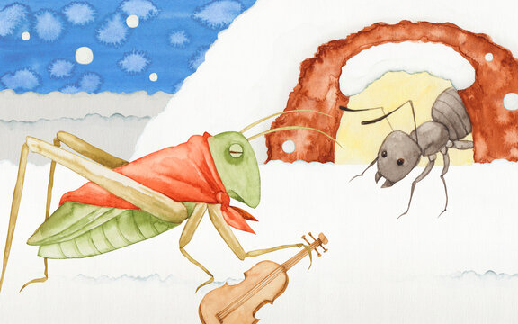 イソップ寓話 ver2　アリとキリギリス　水彩 イラスト