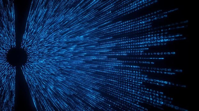 A digital stream of binary code flowing from a central dark point in a blue abstract design