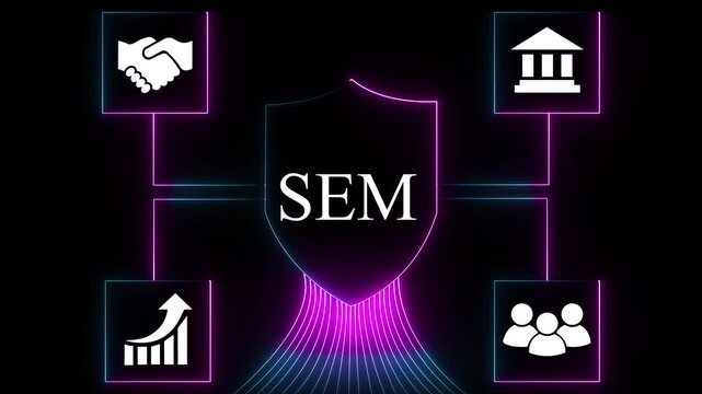 Glowing neon Digital Marketing Cloud S E M Strategy Icons Connected Network Business Growth Teamwork Communication Technology Concept.