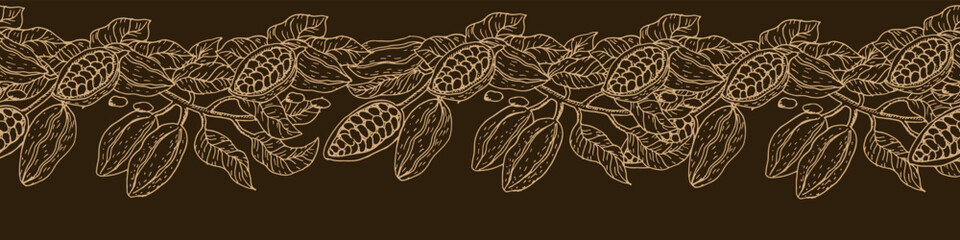 Chocolate cocoa branch border with cacao fruit, seeds and leaves. Hand sketched tropical plant ornament in retro botanical style. Organic cocoa plantation illustration for chocolate packaging © ZhumaStudio