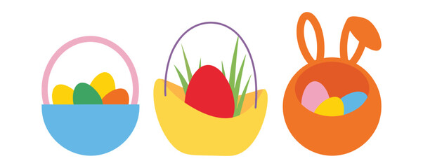 Fototapeta premium Easter baskets and eggs in various colors and shapes