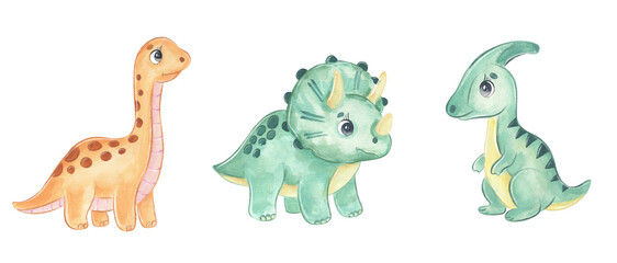 Naklejka premium Cute dinosaur in soft watercolor style, with spots and a gentle smile
