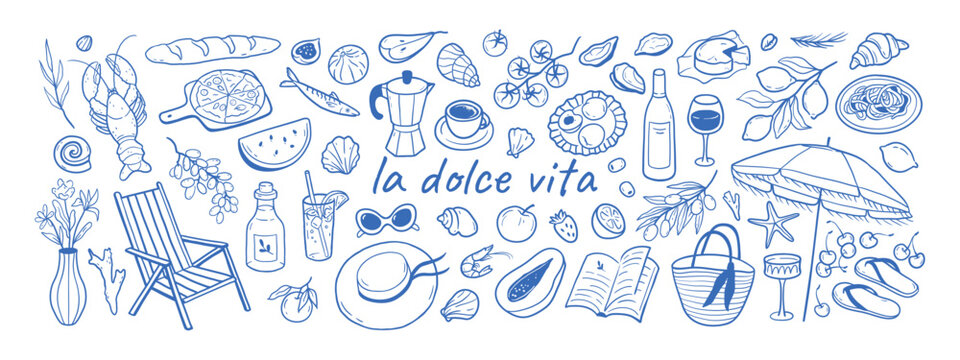  La dolce vita Italian lifestyle illustrations in line style. Hand drawn vector elements for travel designs and restaurant branding. 
