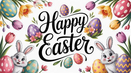 Fototapeta premium Happy easter greeting card with colorful eggs bunnies and flowers on white background