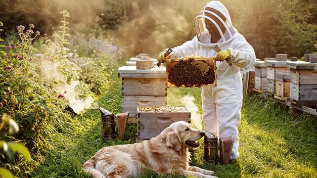 Beekeeper with dog near hives.