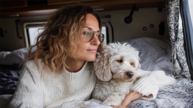 A young Hispanic woman with curly hair sits in a van, gazing out the window. A small white dog rests beside her, both looking relaxed and contemplative.