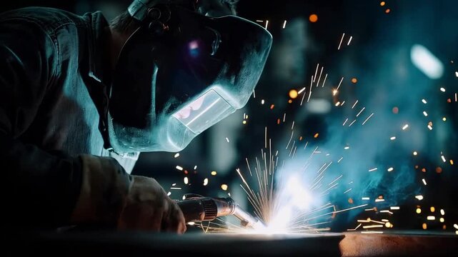 A welder in a dimly lit industrial factory skillfully works on a steel pipe creating bright arc sparks while wearing a protective face shield highlighting the intensity of metal fabrication.