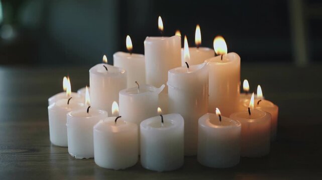 Flickering cluster of lit candles illuminating a dark room ambiance