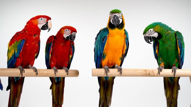 Four Colorful Macaw Parrots Perched on a Wooden Branch Against a White Background