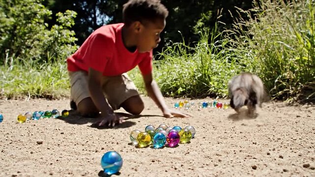 Boy playing with ferret outdoors.