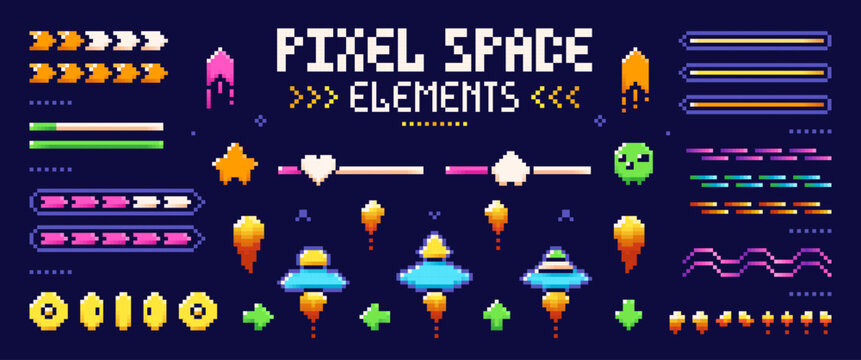 Pixel art UFO, raiders, and other game elements on blue background.