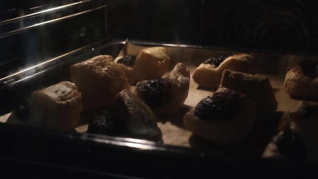 Fast motion leaf fat pastry in an oven. Traditional Hungarian lard dessert with plum jam rises behind a dirty oven glass as the dough expands at the very end of the baking process. Grandma&rsquo;s kitchen.