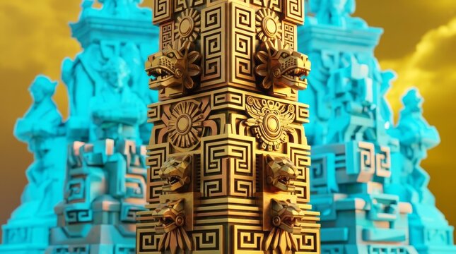 Intricate Aztec-Inspired Golden Column Aztec Gold Column Architecture Ancient Design Motifs. Concept featuring aztec, gold, column, architecture, ancient for professional commercial design.