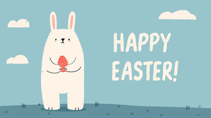 Cute Cartoon Easter Bunny Holding Decorated Egg on Soft Pastel Background for Cheerful Spring Holiday Greeting