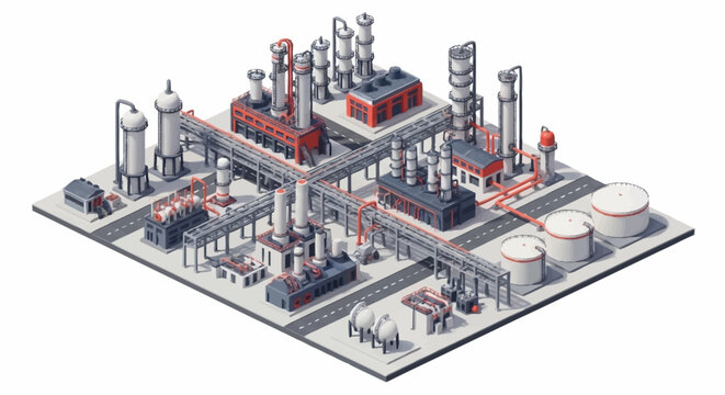 Isometric industrial factory with machinery.