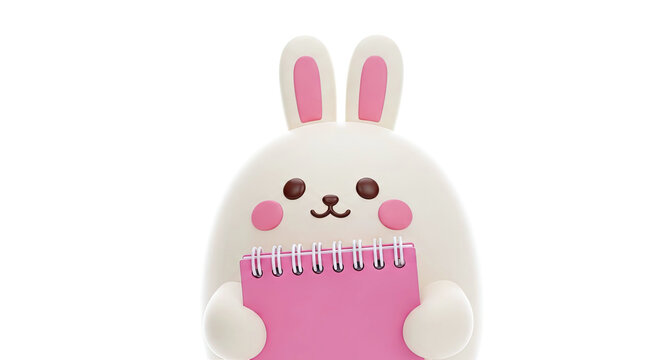 Cute 3D Bunny Character Holding a Pink Notebook