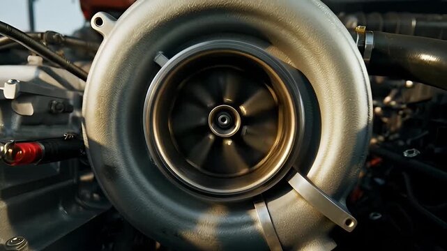 Car engine with turbocharger closeup.