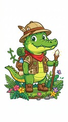 Obraz premium Cartoon Alligator Hiker with Backpack and Staff.