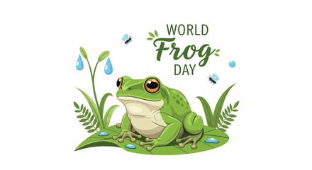 Illustration of a green frog sitting on a lily pad with World Frog Day text and water droplets in a natural setting with plants and insects. © Rahmat