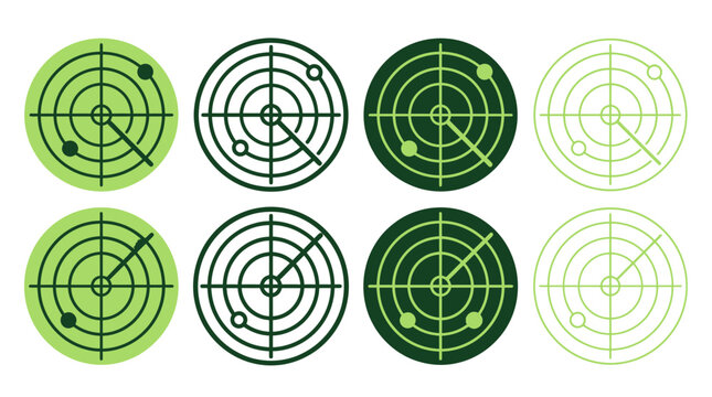 Collection of green circular radar screen icons with scanning lines and target dots in minimalist outline styles on white background, symbolizing military navigation and aviation tracking