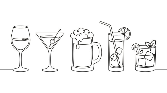 Continuous line drawing of various drink glasses including wine martini beer mug and refreshing cocktails on white background, symbolizing restaurant menu design and nightlife hospitality branding