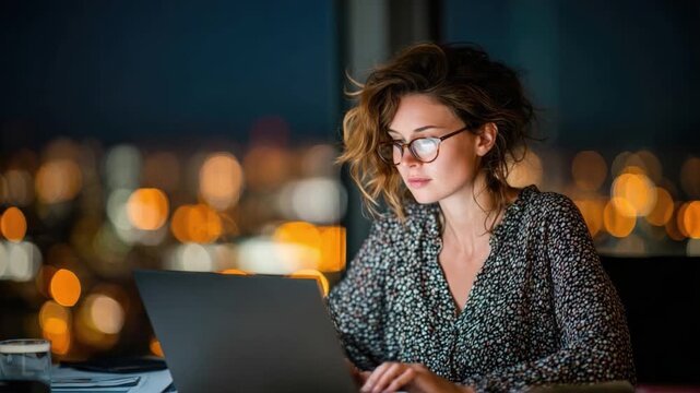 Night Owl's Digital Domain: A focused woman, illuminated by the glow of a laptop screen, navigates the digital realm at night, with the cityscape providing a soft, ambient backdrop.