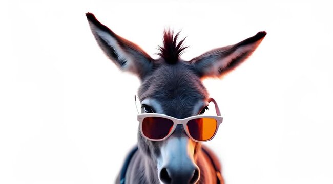 Donkey wearing sunglasses looking around playfully