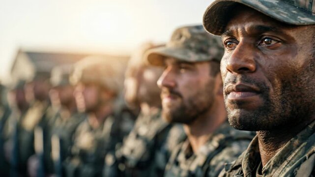 Portrait of experienced infantry soldier standing among comrades with calm determined expression reflecting resilience unity and quiet strength before battle with cinematic realism
